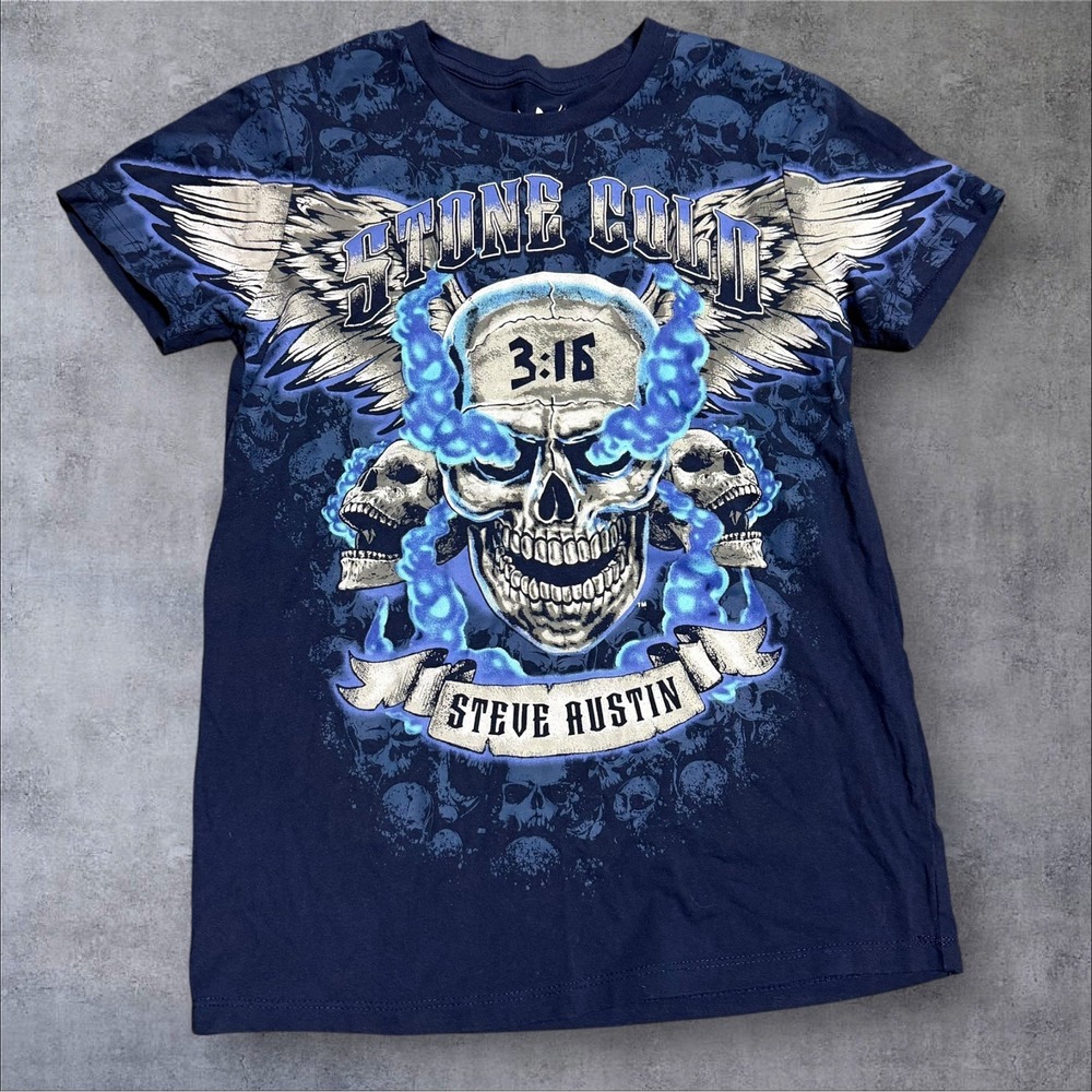 WWE Shirt Women's Sā Blue Stone Cold Steve Austin 316 Skull Big Print Wrestling